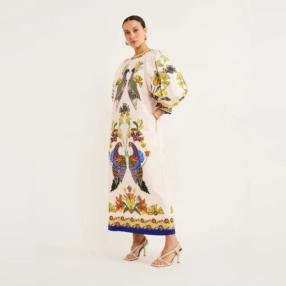 New ALEMAIS Effie puff sleeve midi dress in pearl - joarbit.com